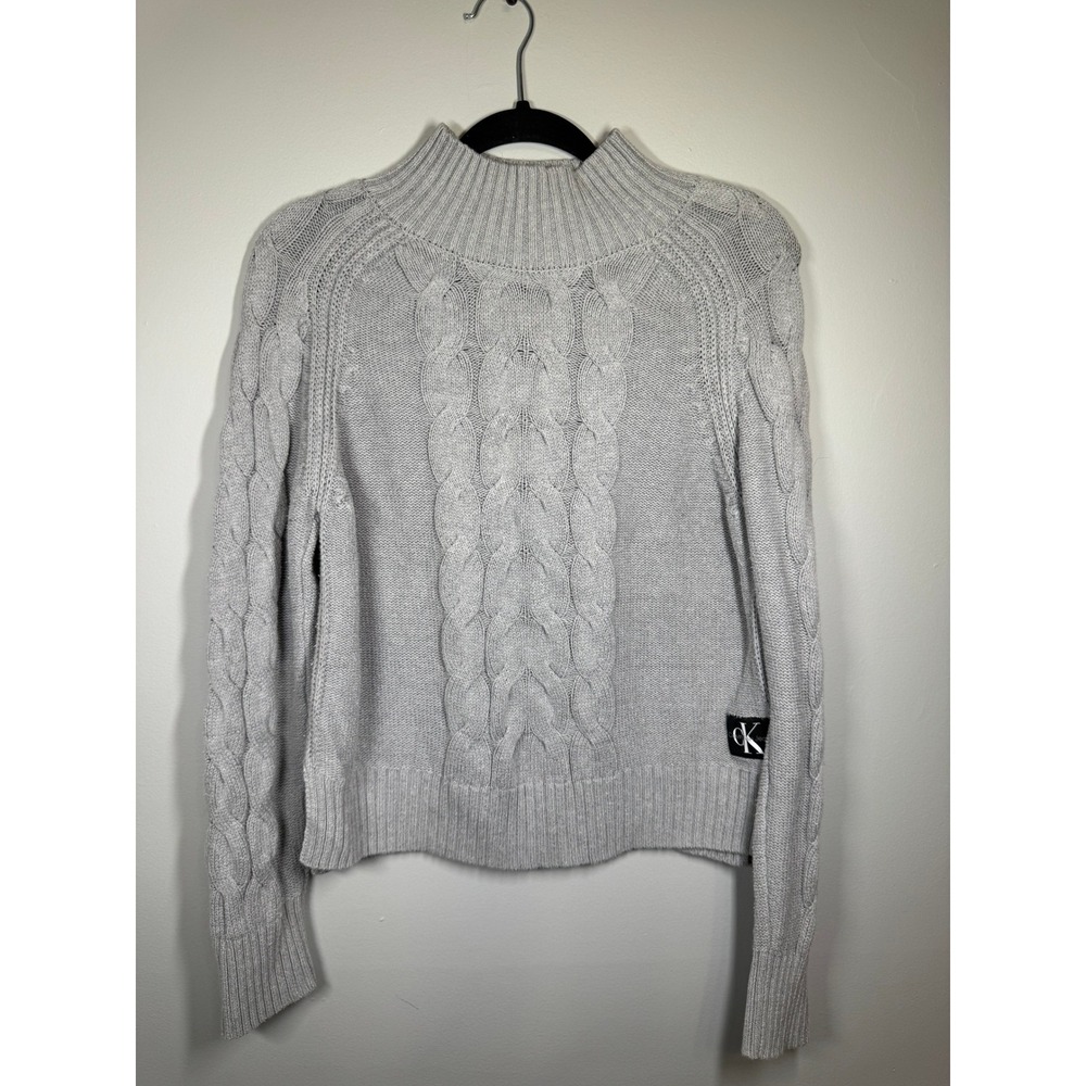 Y2K Calvin Klein Gray Cable Knit Mock Neck Pullover Sweater